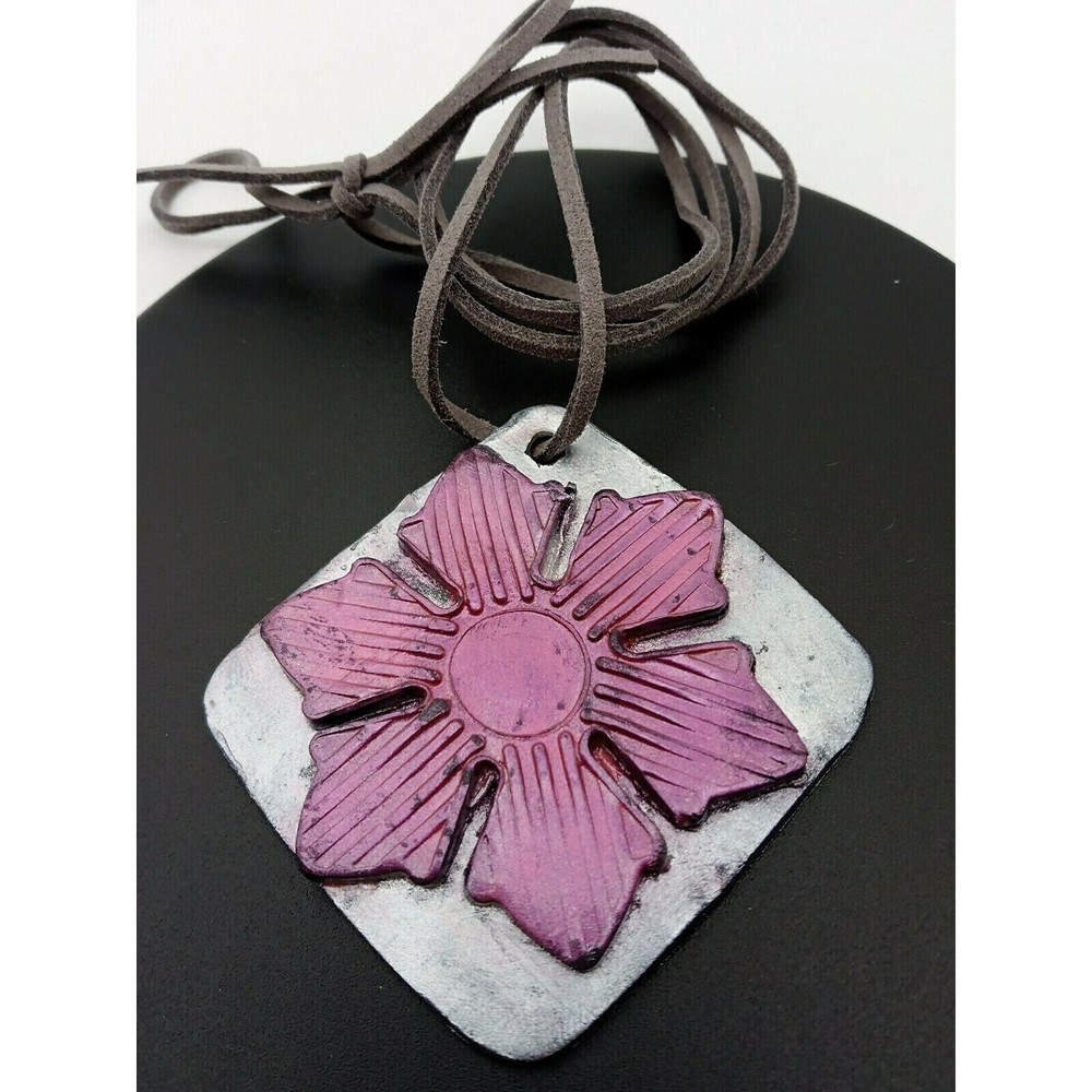 Polymer Clay Pink Flower Pendant Necklace Handmade Artisan Grey Cord Layered